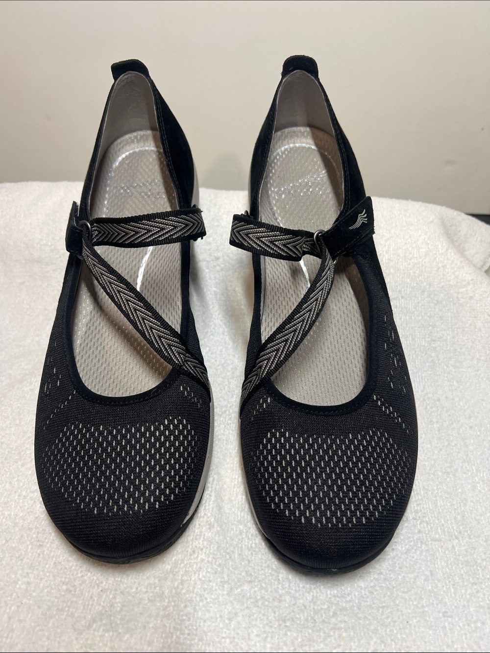 Dansko Black Knit Mary Jane Flats with Chevron Strap